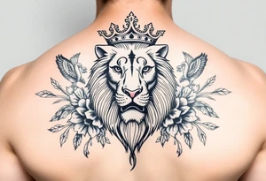 powerful majestic lion with a crown, surrounded by floral ornaments and birds tattoo idea