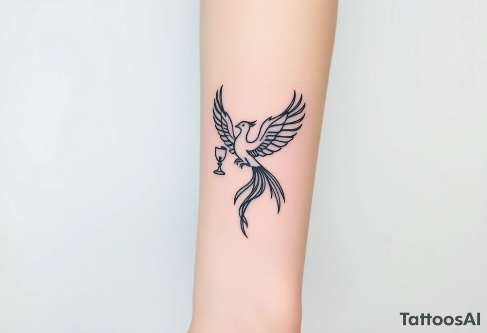 Phoenix bird with flames holding two goblets (like the two of cups from tarot cards) on my forearm tattoo idea