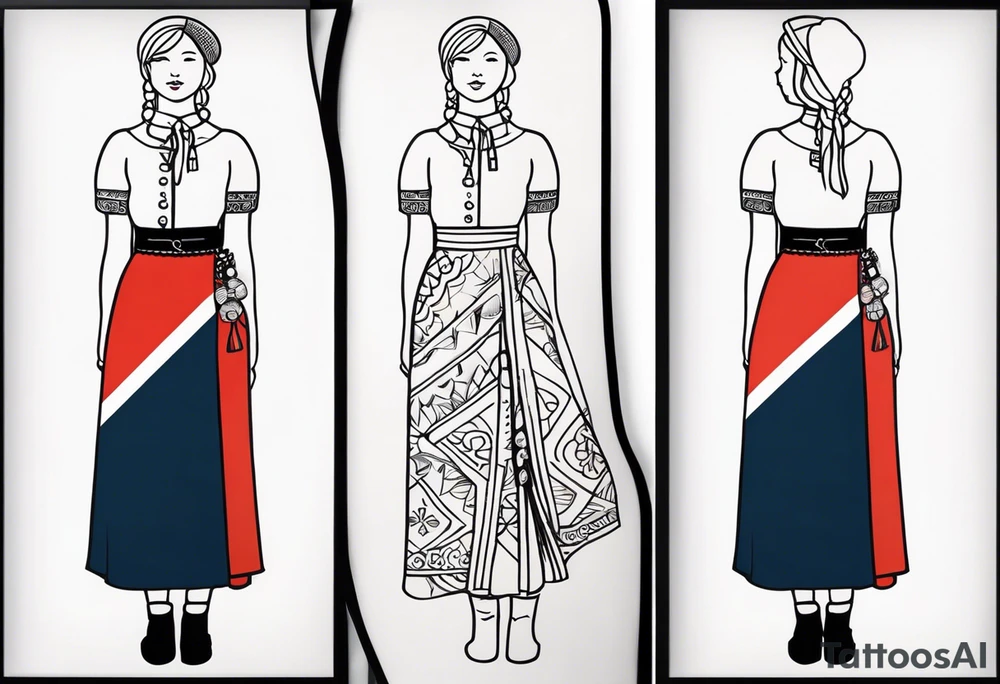 A tattoo design of a girl in the Norwegian national dress. Linework only, full body tattoo idea