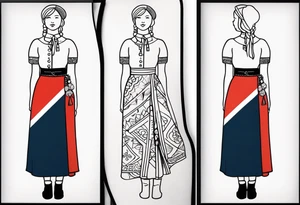 A tattoo design of a girl in the Norwegian national dress. Linework only, full body tattoo idea