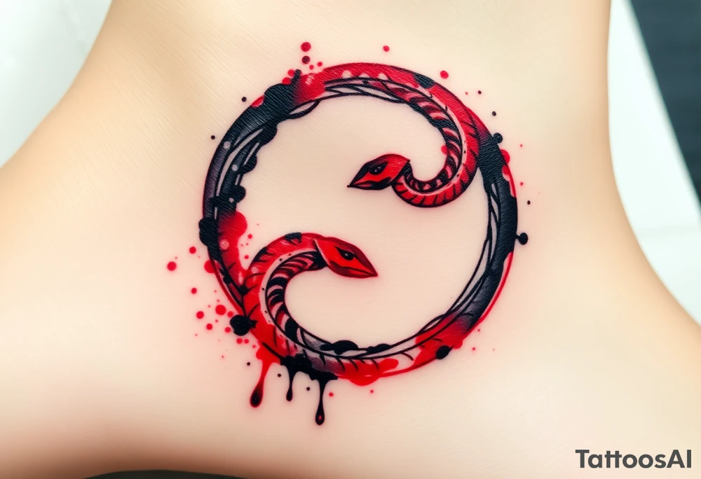 An ink-splattered Ouroboros snake forming cyrcle, appearing as if it was painted in bold brush strokes of deep red and black, symbolizing artistic chaos and creation. tattoo idea