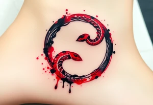 An ink-splattered Ouroboros snake forming cyrcle, appearing as if it was painted in bold brush strokes of deep red and black, symbolizing artistic chaos and creation. tattoo idea