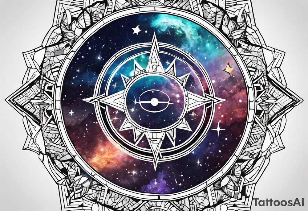 Matter, energy, space and time with an old stone theta symbol with stars in the background and Scorpio constellation tattoo idea