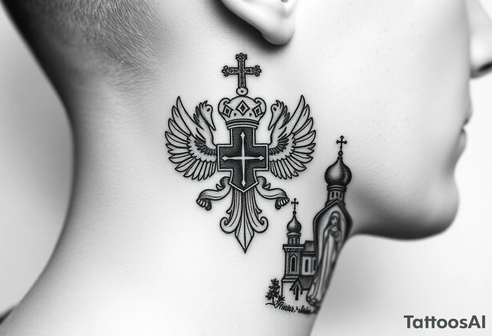 russian coat arms in a russian christian orthodox cross with the cross in the middle with a virgin mary & orthodox dome church on the side of the neck tattoo idea