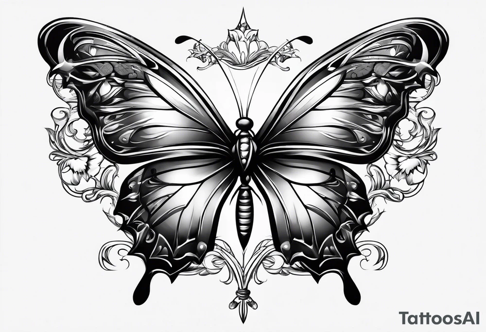 Butterfly with sword in the middle tattoo idea Butterfly with sword in the middle tattoo idea