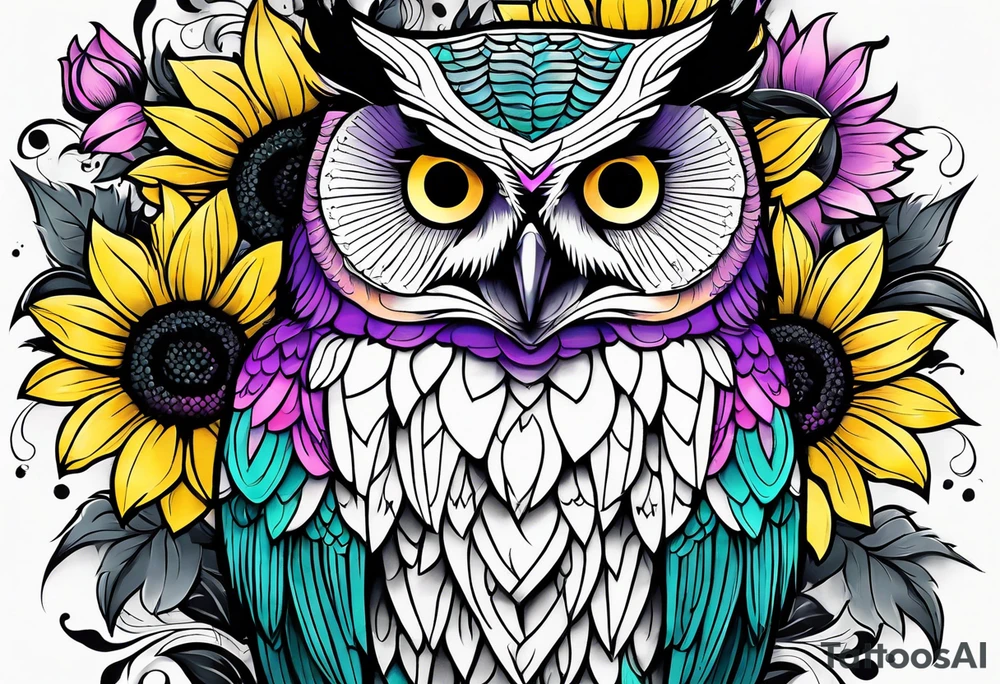 Black and white owl shaded teal, pink and purple surrounded by yellow sunflowers sleeve tattoo idea