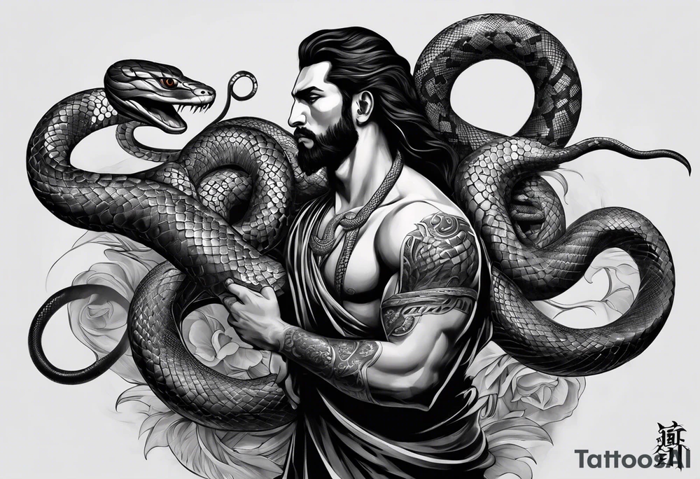 snake wrapping around human figure with 8 arms, and a blank face in pencil drawing style. The upper part of the snake will come up from the right and look back at the man figure. There will be a black eye above the man looking directly forward. tattoo idea