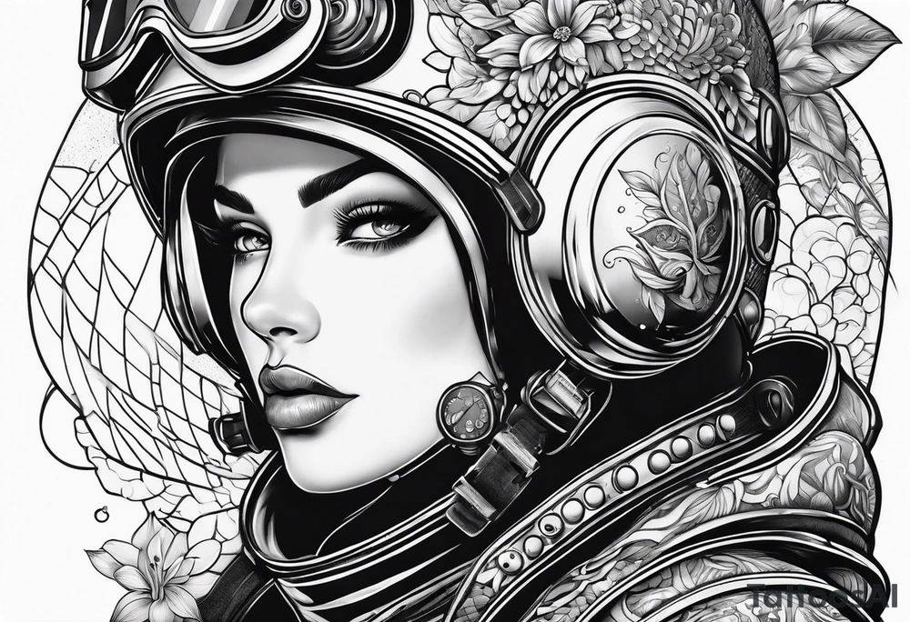 Female with diver helmet on tattoo idea