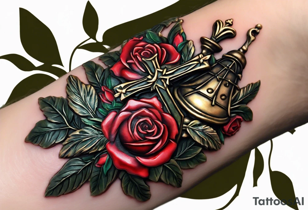 this ins meant to be a collage style that will cover the forearm from the wrist to elbow. Give me an olive branch on wirst at bottom shaped like a manura lamp. A cross above that with smallers olive and rose branches and roses arount it with a crown above the cross on bothe sides small hebrew letters that say king of glory and the other says yeshua messiah in hebrew tattoo idea