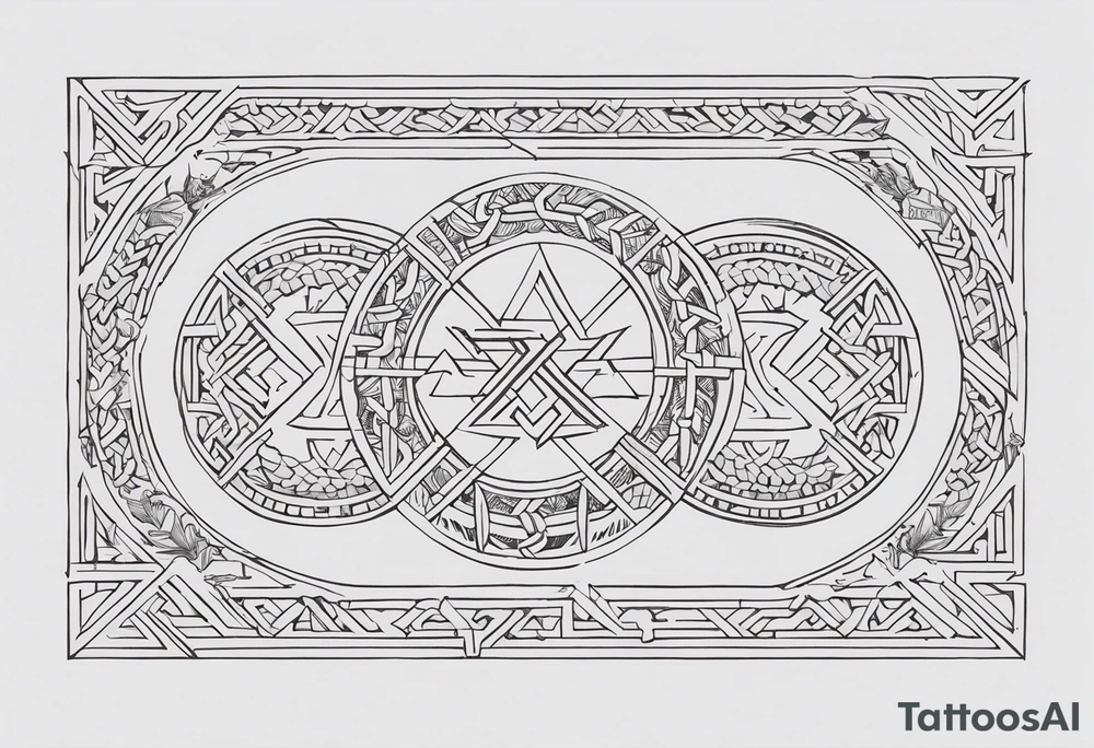 Thin line of a Nordic chain that surrounds the forearm, divided in steps with Yggdrasil, Valknut, Uruz (ᚢ), Raido (ᚱ), Gebo (ᚷ), Perthro (ᛈ), Elhaz (ᛉ), Laguz (ᛚ) and Odin’s Ravens. tattoo idea