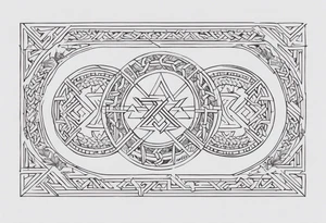 Thin line of a Nordic chain that surrounds the forearm, divided in steps with Yggdrasil, Valknut, Uruz (ᚢ), Raido (ᚱ), Gebo (ᚷ), Perthro (ᛈ), Elhaz (ᛉ), Laguz (ᛚ) and Odin’s Ravens. tattoo idea