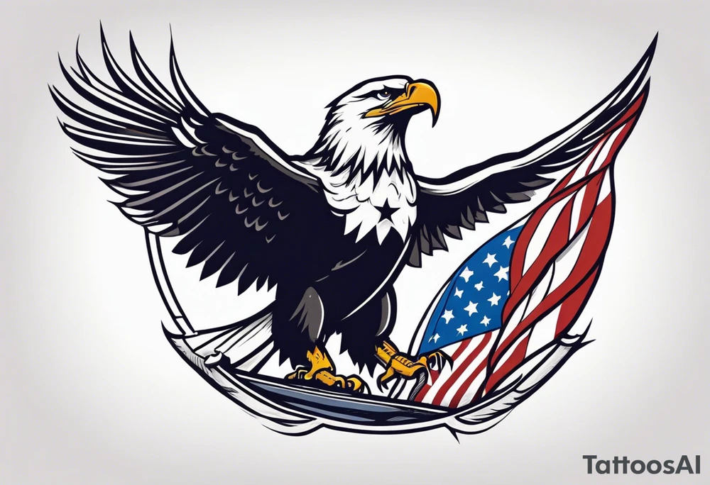 eagle flying in front of ship holding American flag in beak tattoo idea
