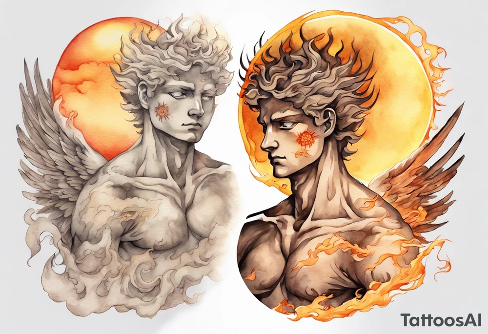 a solitary bronze skinned male angel with glowing eyes in front of a blazing sun tattoo idea