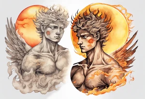 a solitary bronze skinned male angel with glowing eyes in front of a blazing sun tattoo idea