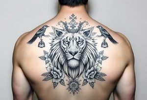 powerful majestic lion with a crown, surrounded by floral ornaments and birds tattoo idea