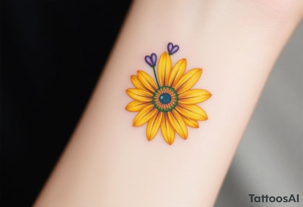 Yellow daisy flower with Purple Hearts tattoo idea