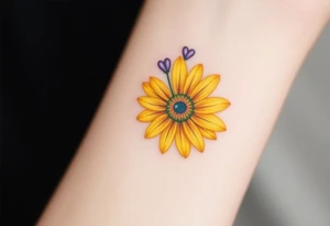 Yellow daisy flower with Purple Hearts tattoo idea