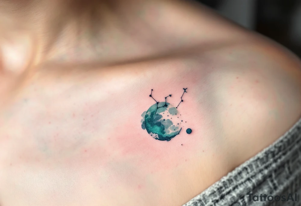 A dark blue Virgo constellation floats above the zodiac symbol carved in moss green near the collarbone. tattoo idea