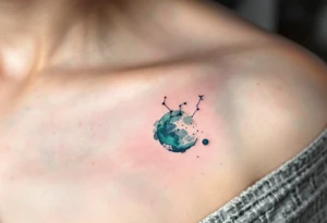 A dark blue Virgo constellation floats above the zodiac symbol carved in moss green near the collarbone. tattoo idea