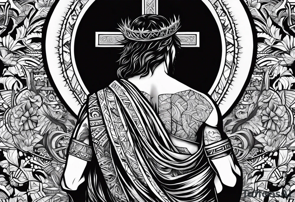 Big Jesus cross down the back with samoan patterns tattoo idea