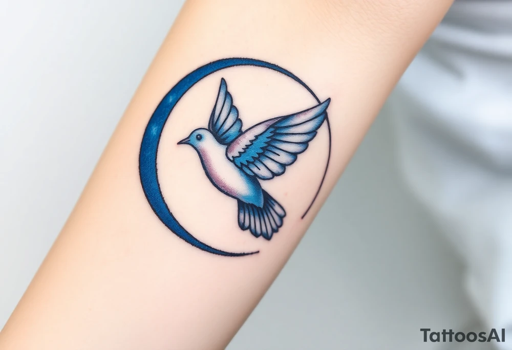 A collared dove flying through a crescent moon, with deep blue and white contrasts to represent spiritual freedom and serenity tattoo idea