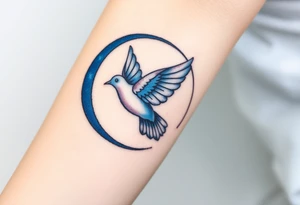 A collared dove flying through a crescent moon, with deep blue and white contrasts to represent spiritual freedom and serenity tattoo idea