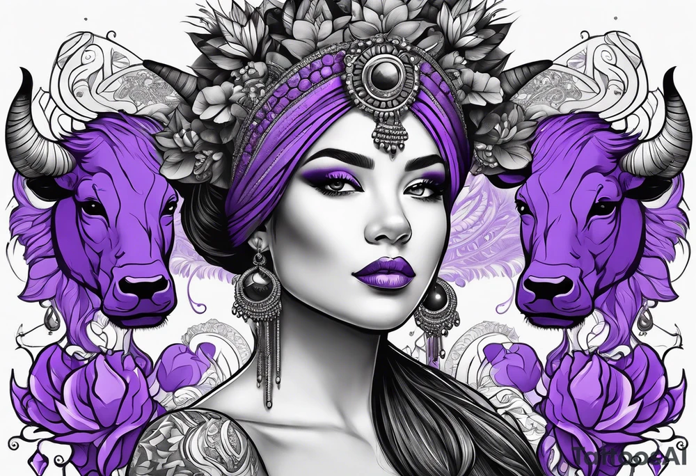 woman with bead headband show the whole body, standing next to a purple buffalo standing tattoo idea