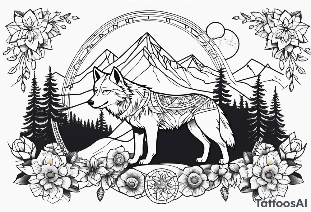 A whimsical wolf tattoo featuring mandala or dream catcher elements, with the wolf as the central focus, surrounded by mountains in the background. Include flowers and nature elements to fill the space around the wolf. tattoo idea