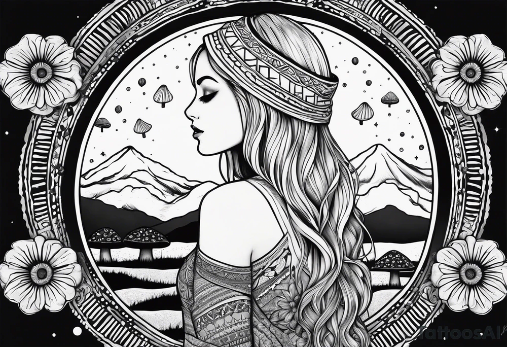 Straight blonde hair girl facing away toward mountains surrounded by mushrooms crescent moon mandala circular design black and white striped dress "8" tattoo idea