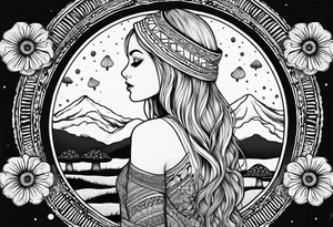 Straight blonde hair girl facing away toward mountains surrounded by mushrooms crescent moon mandala circular design black and white striped dress "8" tattoo idea