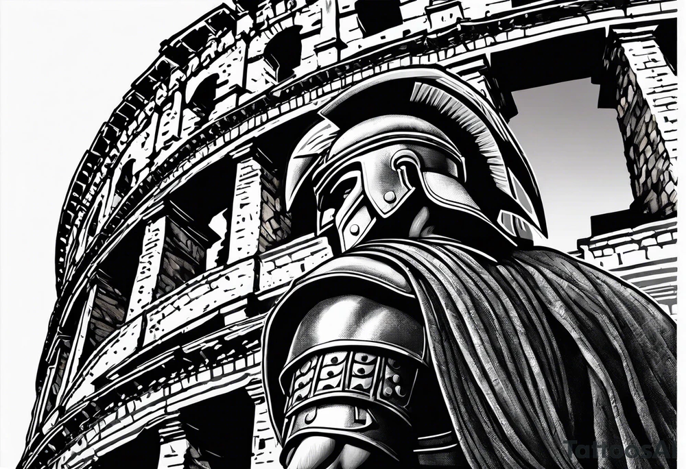 Side profile of spartan soilder looking right at Roman colosseum tattoo idea