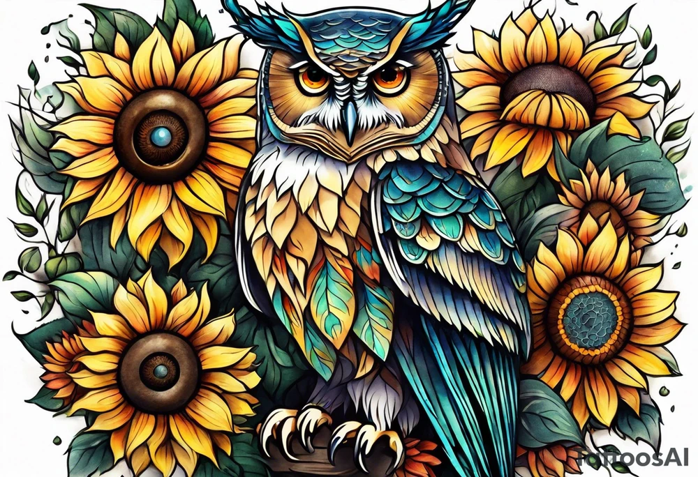 Leg sleeve with colorful sunflowers and an owl tattoo idea