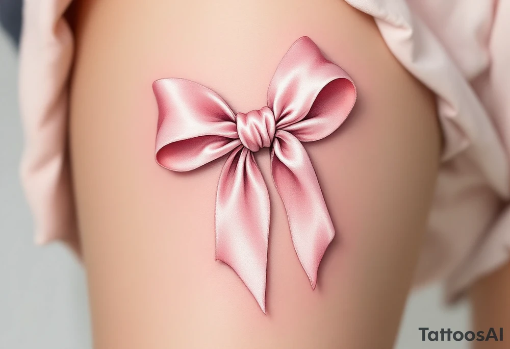 An elegant satin bow tattoo, tied in a perfect knot. The bow is rendered in a soft blush pink with gentle highlights, creating a realistic silk-like sheen. Subtle shadows add depth, making the fabric appear delicately folded. The knot at the center is slightly darker, emphasizing its structure and strength. tattoo idea