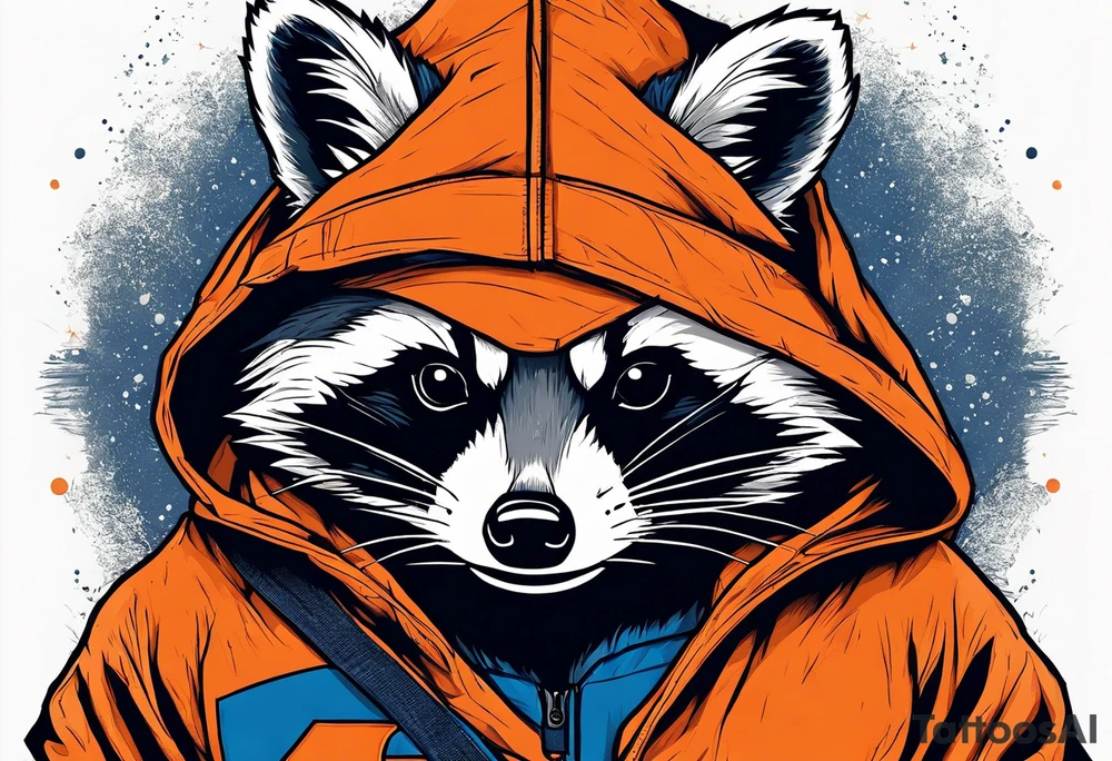 Raccoon wearing an orange Superman hoodie tattoo idea