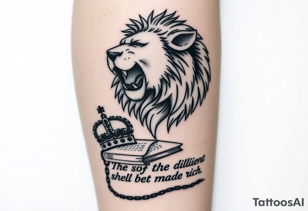 On calf

Top of calf:
	•	Roaring lion (discipline, kingship)

Below:
	•	Broken chain (laziness)
	•	Crown resting on a Bible or stone tablet

Text:
	•	The main line: “The soul of the diligent shall be made rich.” larger
	•	First half smaller above or below
	•	Proverbs reference under the lion’s jaw

This works well if your cover-up needs bold contrast and texture (lion’s mane hides a lot). tattoo idea