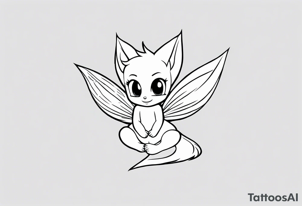 A fairy with a tail inspired by the logo of the show called Fairy Tail in a fetal position leaning in no additional ears or background in black tattoo idea