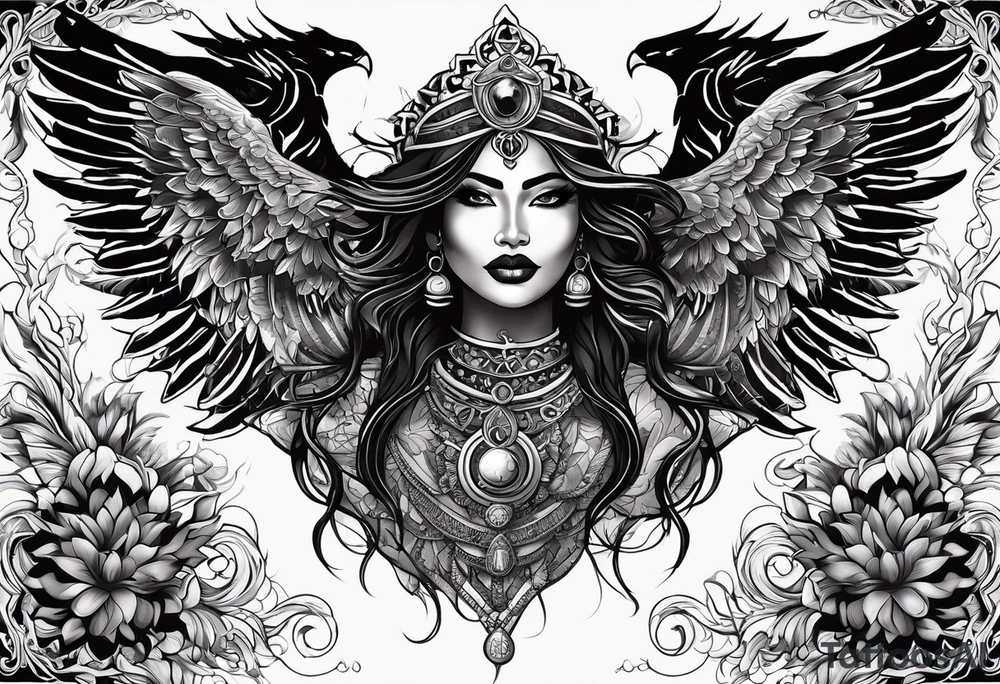 black kali, goddess pirate, alien, angel, pachamama, valkrye, warrior, flying, skull, lotus azul, wing, eagle, zenza resonance, stars, 5D, anahata chakra, death, durga, riding on a tiger, flying lady, chest tatoo tattoo idea