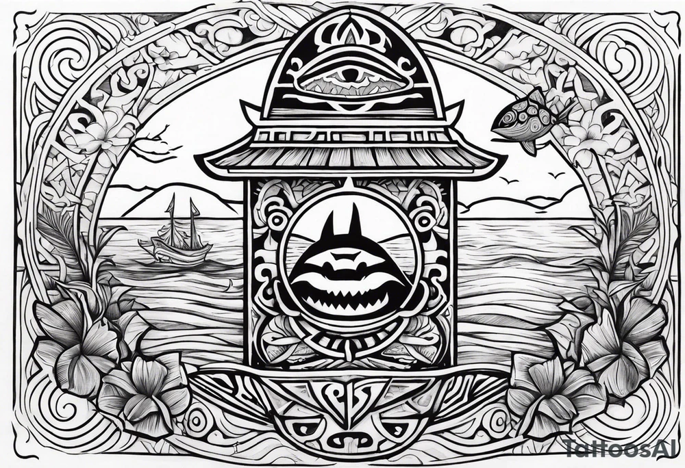 a Polynesian tiki surrounded by a shark, a turtle in an underwater ocean setting tattoo idea