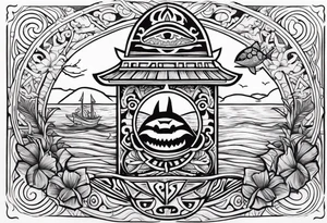 a Polynesian tiki surrounded by a shark, a turtle in an underwater ocean setting tattoo idea