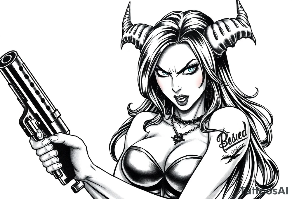 angry succubus holding gun, anime tattoo idea