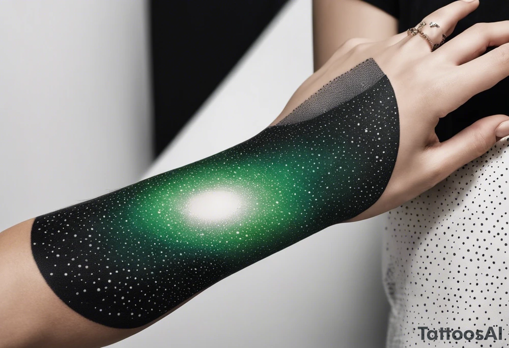 space, abstract, green and black, covered from wrist to forearm, fully covered, no borders, blackwork, no people tattoo idea
