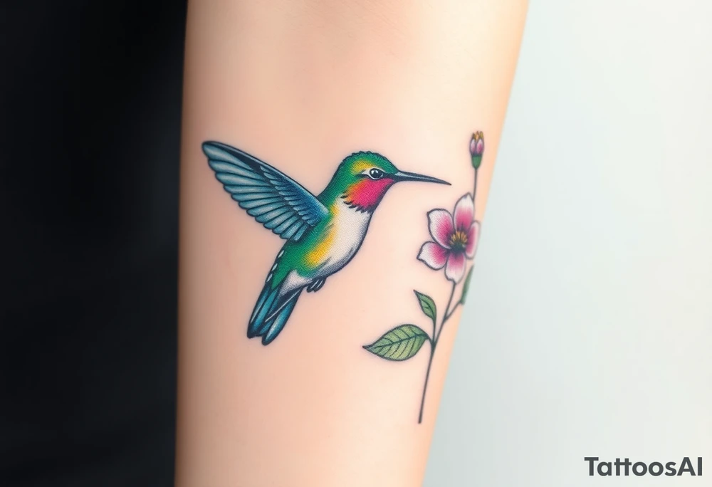 A hummingbird in iridescent green and blue shades, hovering near a blossoming flower, embodying endurance and positivity tattoo idea