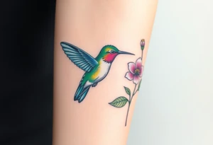 A hummingbird in iridescent green and blue shades, hovering near a blossoming flower, embodying endurance and positivity tattoo idea