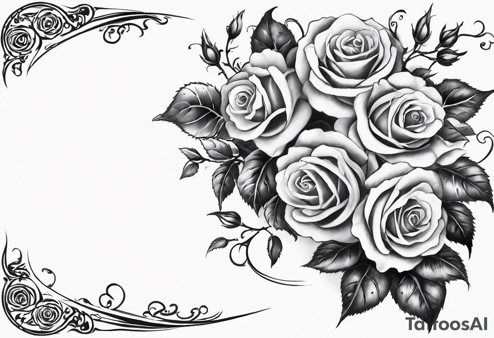 draw image of sleeve tattoo that has 65 small roses on a vine, they can be different sizes. It is long and narrow in design so it fits on an arm. The vine has some leaves and thorns but not too many. The roses will be a mix of small and medium size with some front on and others side on. tattoo idea