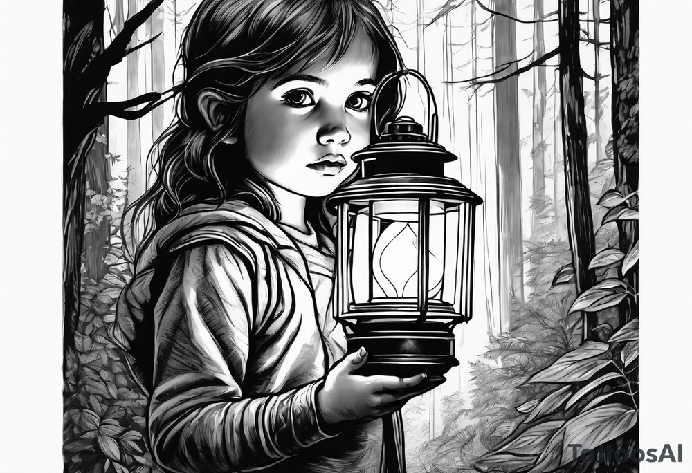 A small girl holding a lantern in a dark forest tattoo idea