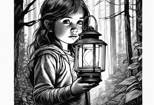 A small girl holding a lantern in a dark forest tattoo idea