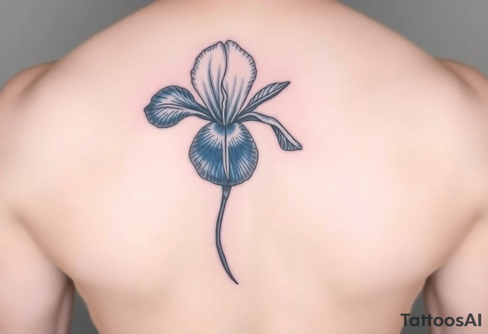 Single blue iris flower in the style of Van Gogh. One petal falling and one upright. Tattoo is to be on abdomen. tattoo idea