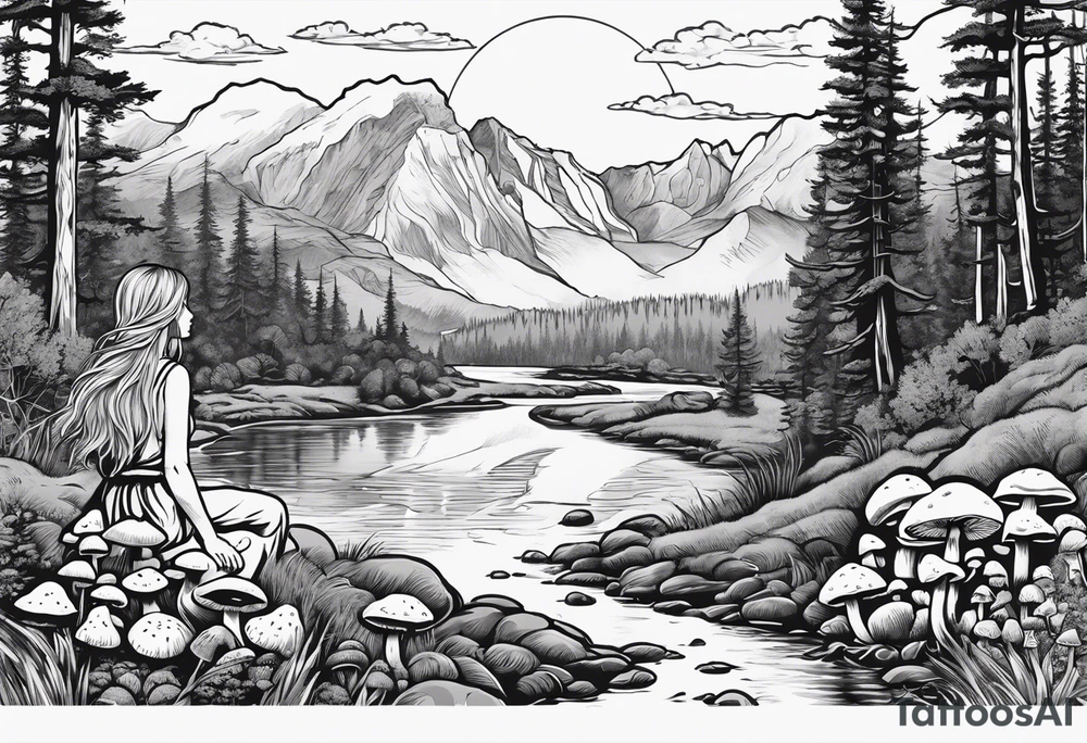 Whole picture encircled fully

Straight long blonde hair hippie girl in distance holding mushrooms in hand facing away toward mountains and creek surrounded by mushrooms long sleeve shirt and hiking pants; whole rendering within a full circle, no cut off circle tattoo idea