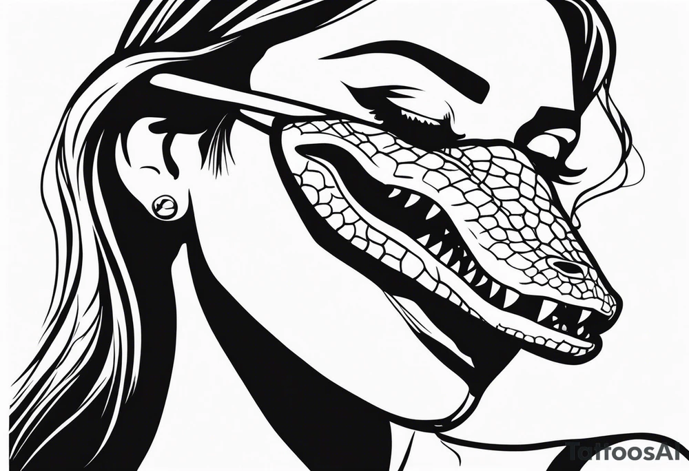 Alligator head with woman’s legs sticking out of mouth and a bikini top stuck on its teeth tattoo idea