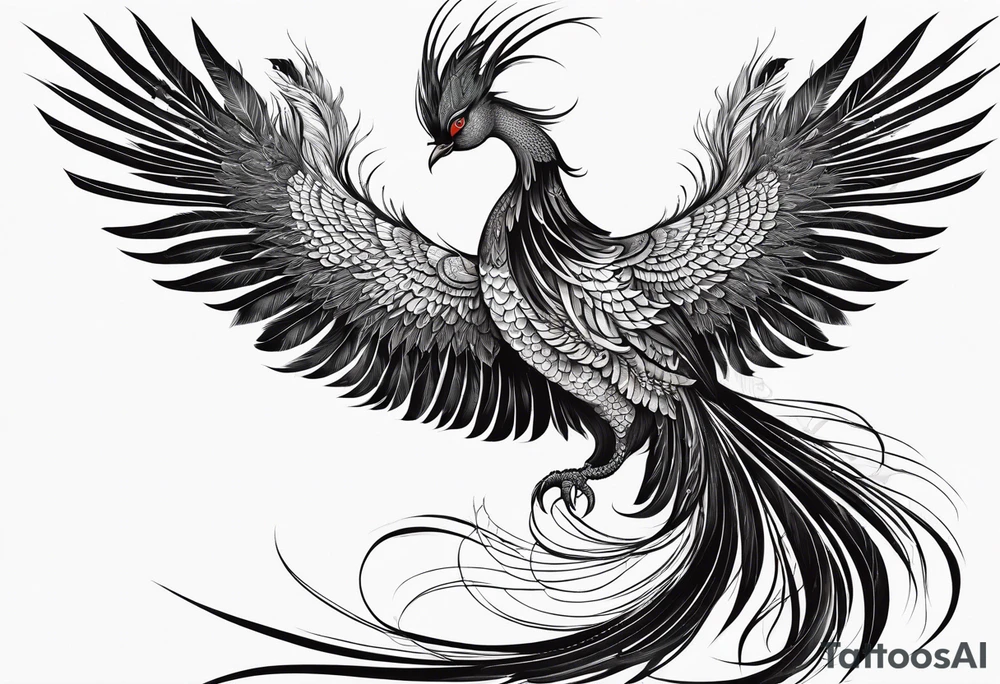 graceful asian style phoenix with extra long tail feathers and a long neck tattoo idea